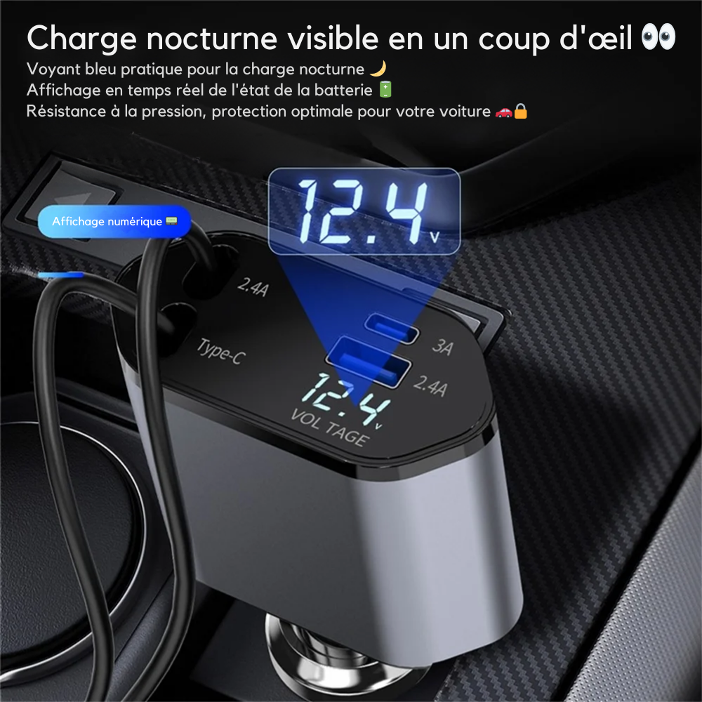 4 in 1 Retractable Car Charger, 100W Fast Car Phone Charger with Iphone and Type C Cable and 2 Charging Ports Car Charger Adapter